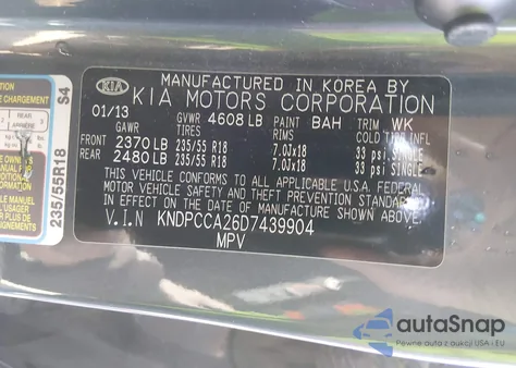 2013 Kia Sportage Ex z USA, uszkodzony, nr VIN KNDPCCA26D7439904